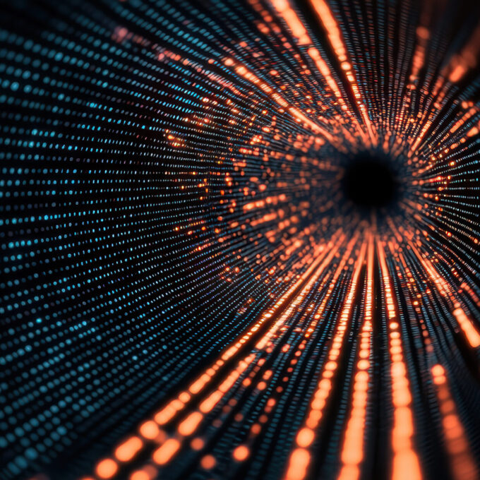 Abstract digital tunnel with glowing red and blue lights, representing data flow and futuristic technology, depth of field focus effect.