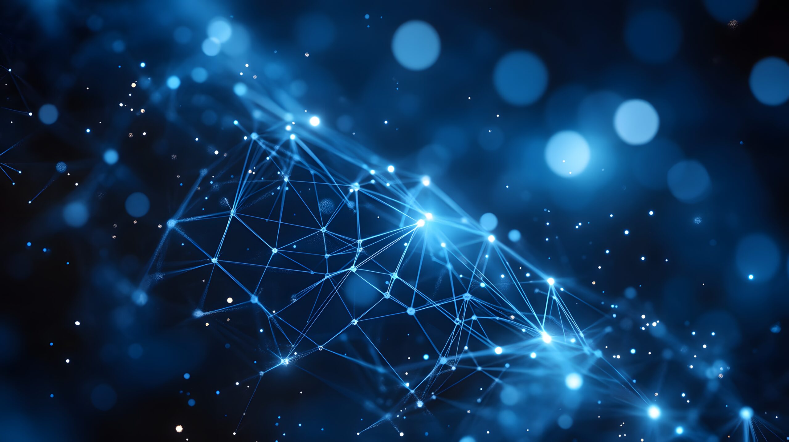 Abstract blue digital network technology background with glowing nodes and connecting lines. Futuristic tech design concept.