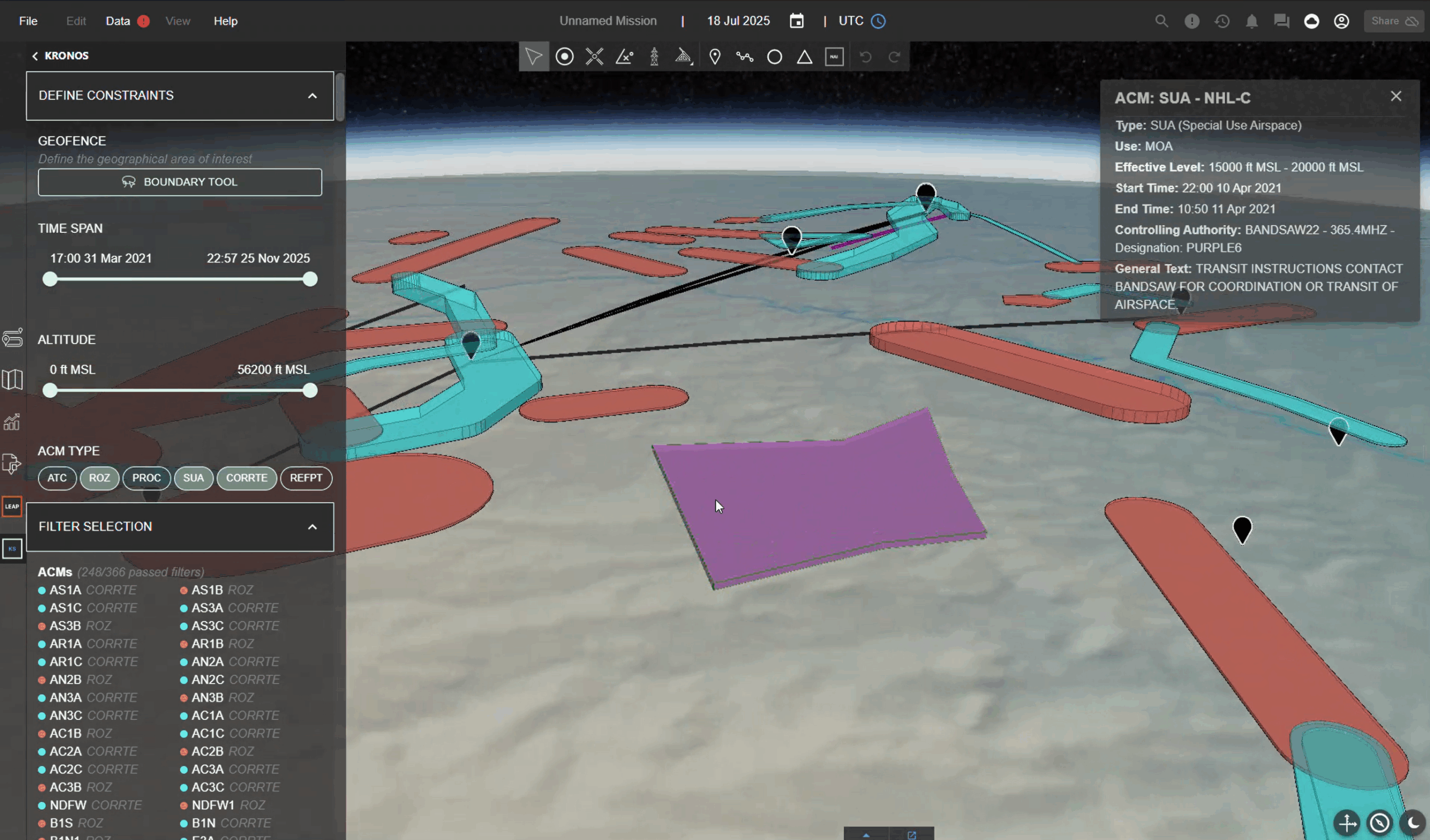 3D spatial map showing corridors, altitudes and deconfliction zones in Kronos interface
