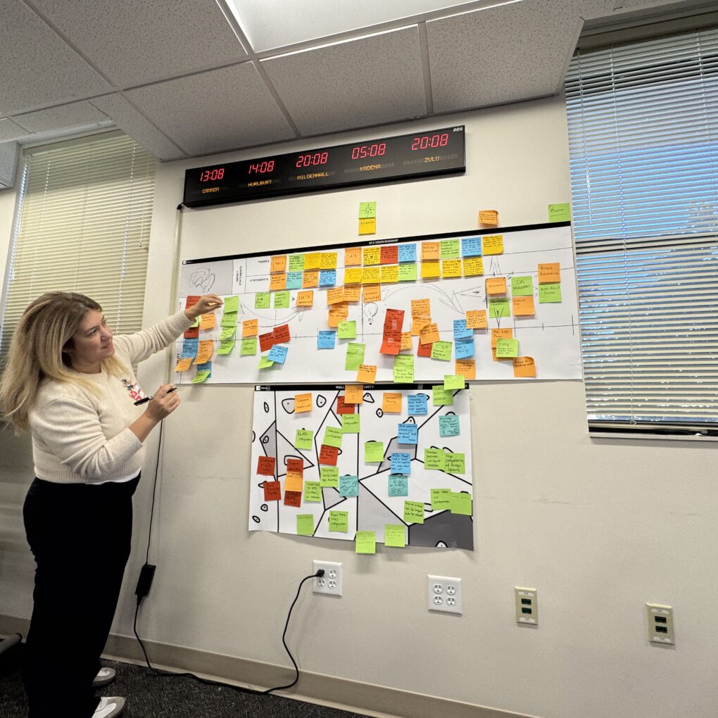 arranging color-coded sticky notes on planning board during Atum prototyping