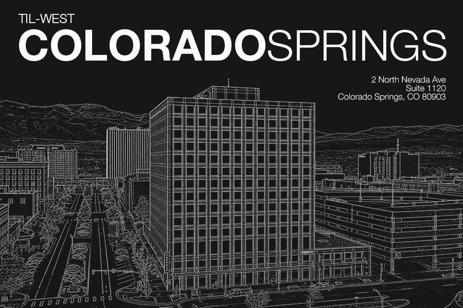 Brand banner for Colorado Springs with skyline line art and address on the right on a dark background