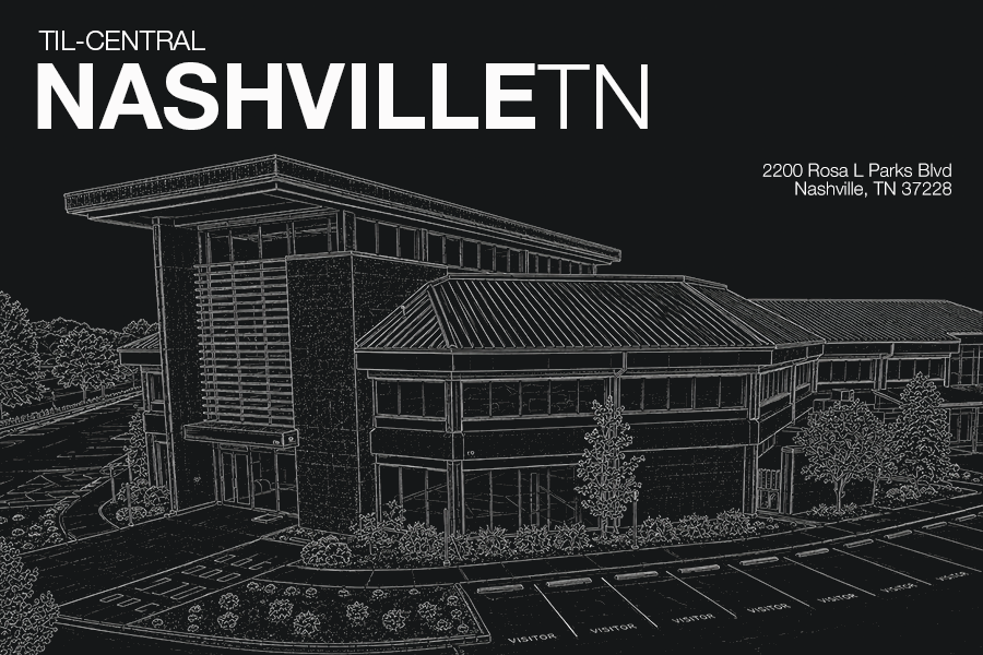 Outlined modern building exterior with large 'NASHVILLE TN' signage; address: 2200 Rosa L Parks Blvd, Nashville, TN 37228.