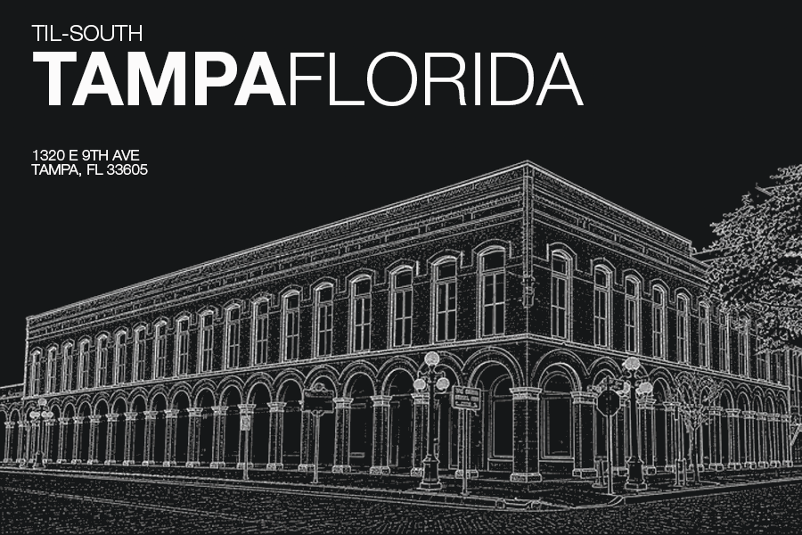 Line-art illustration of a two-story building with arched colonnades on a street, with Tampa, Florida branding in the corner