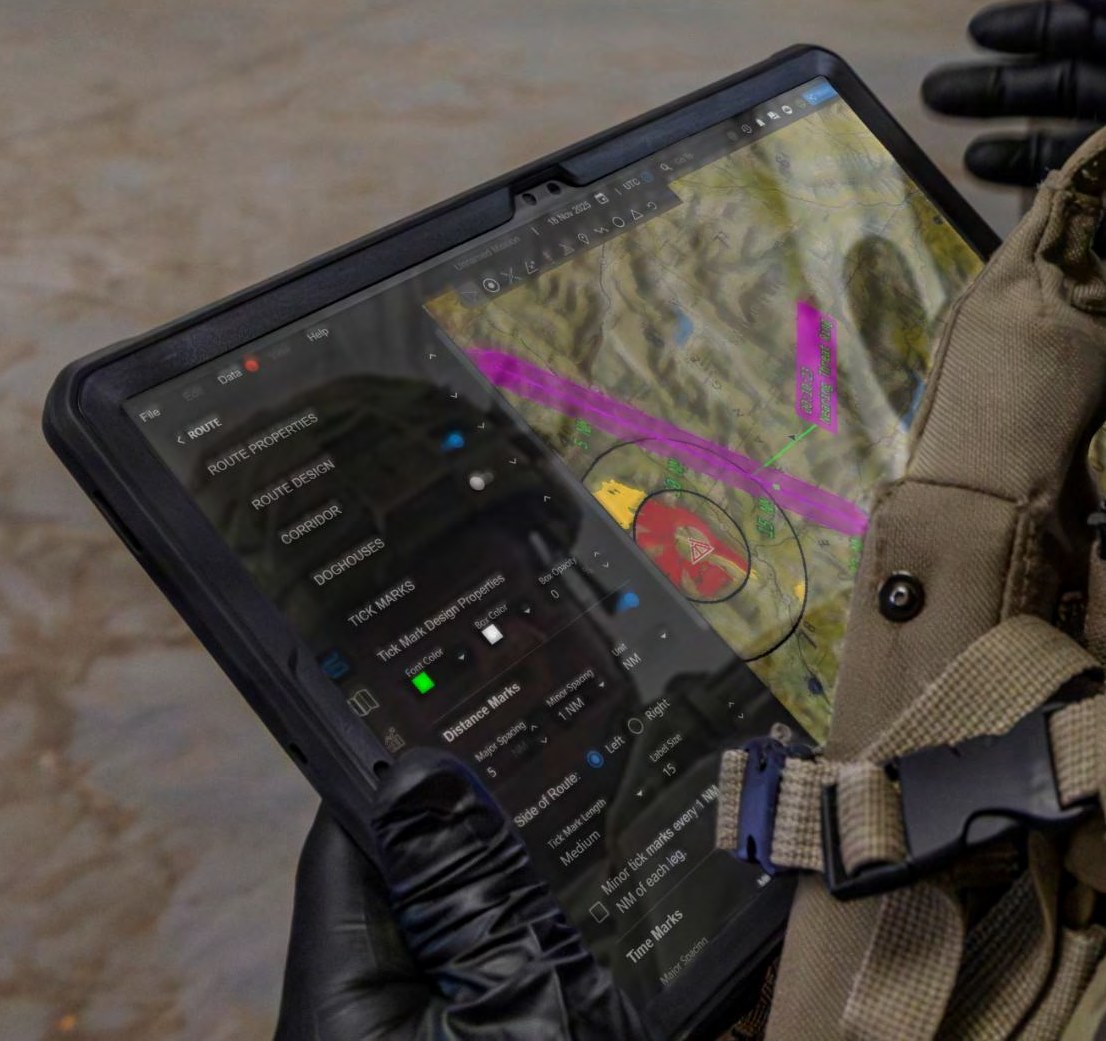 Close view of a rugged tablet running Eris with a planned route on a terrain map