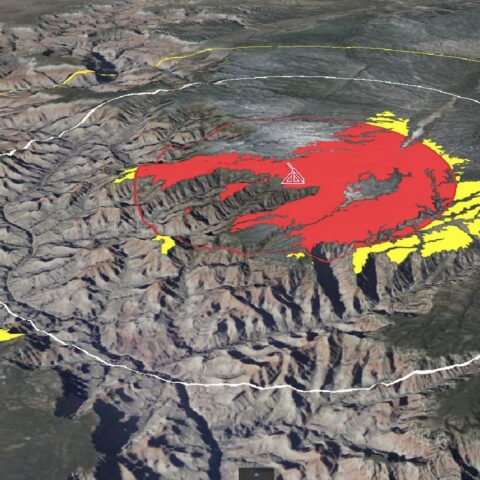 Eris 3D terrain view showing threat visibility areas around a threat location